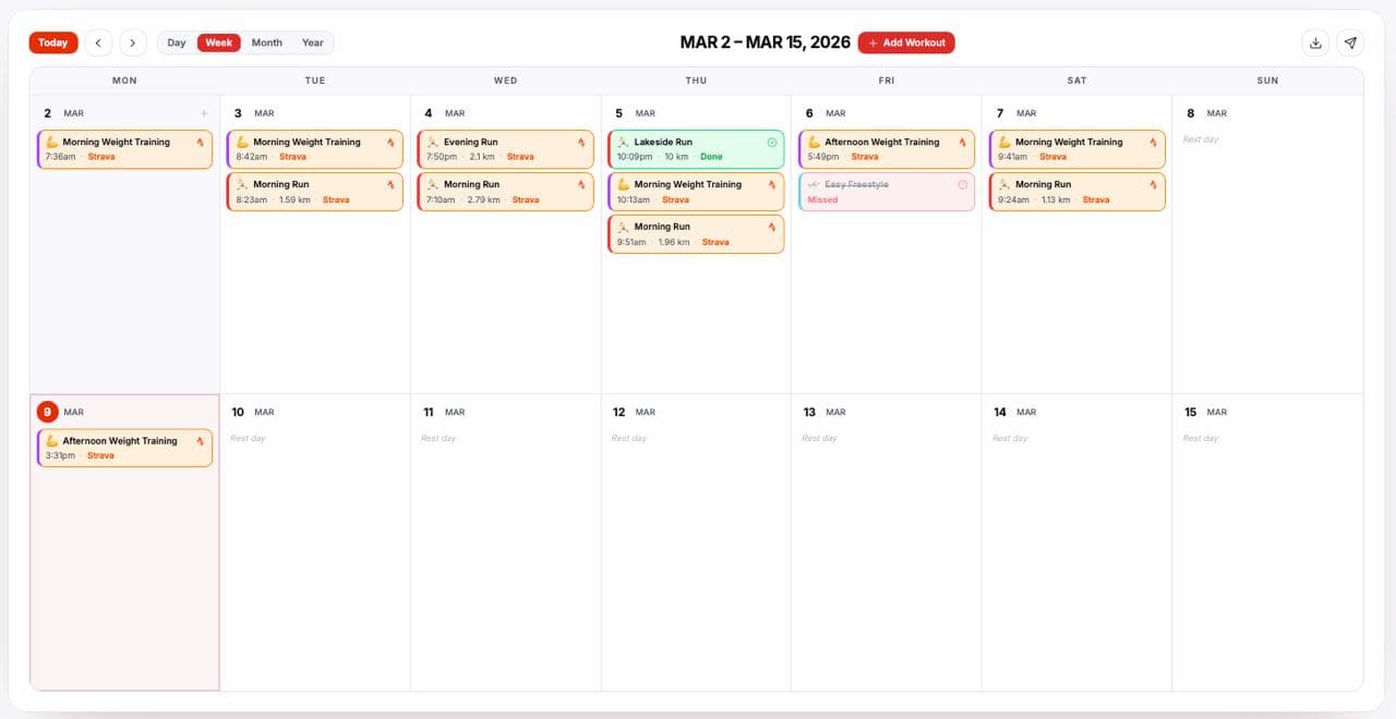 Desktop calendar week view with color-coded Strava, completed, planned, and missed workouts