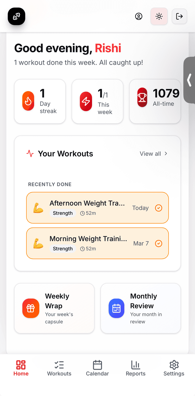 The Daily Athlete dashboard showing stats, recent workouts, and training summary